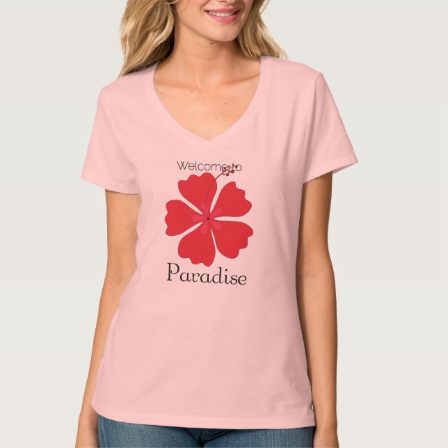 Camiseta Bem-Vindo Ao Paraíso Com Hibiscus Tropical (Frente)