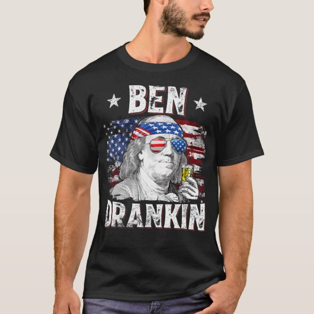 Camiseta Ben Drankin 4 De Julho Dos Eua Flag Men Bebendo Be (Frente)