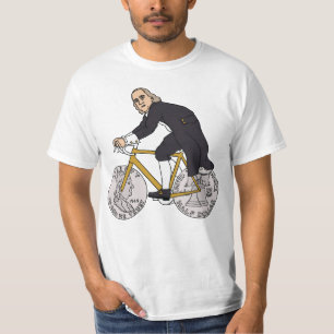 Camiseta Ben Franklin em uma bicicleta com as rodas do meio