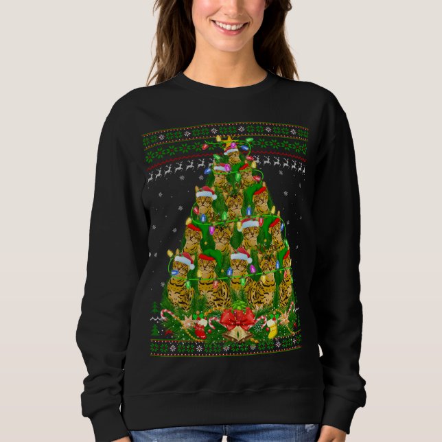 Camiseta Bengala Cat Xmas Lighting Tree Bengal Cat Ugly Chr (Frente)