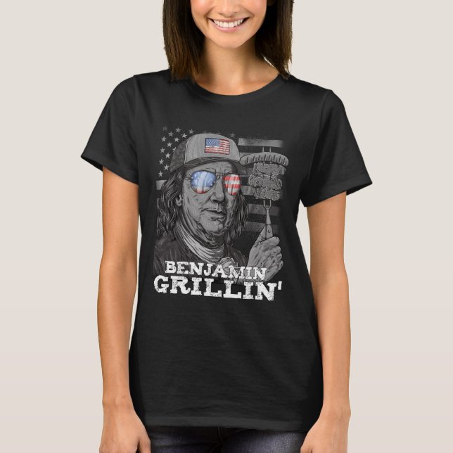 Camiseta Benjamin grelhando Ben Franklin 4 de julho Bbq EUA (Frente)