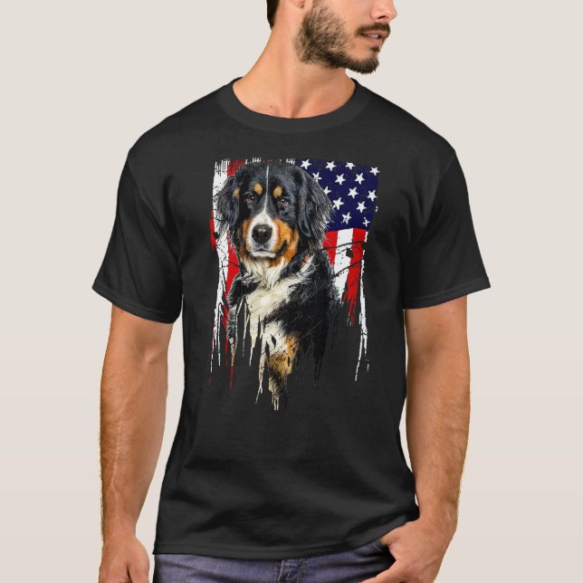 Camiseta Bernese Mountain Dog Bandeira Americana USA Bernes (Frente)