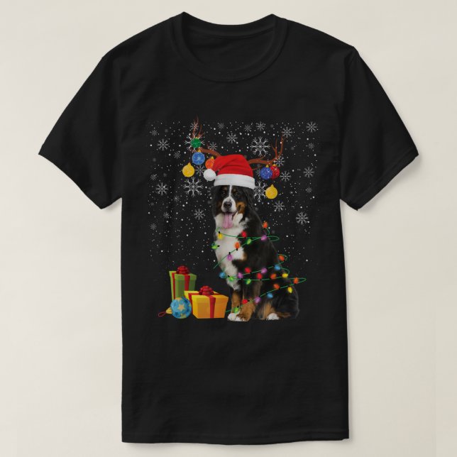 Camiseta Bernese Mountain Dog Santa Hat Reindeer Natal (Frente do Design)