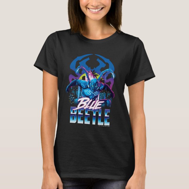 Camiseta Besouro Azul Retrowave City Sunset (Frente)