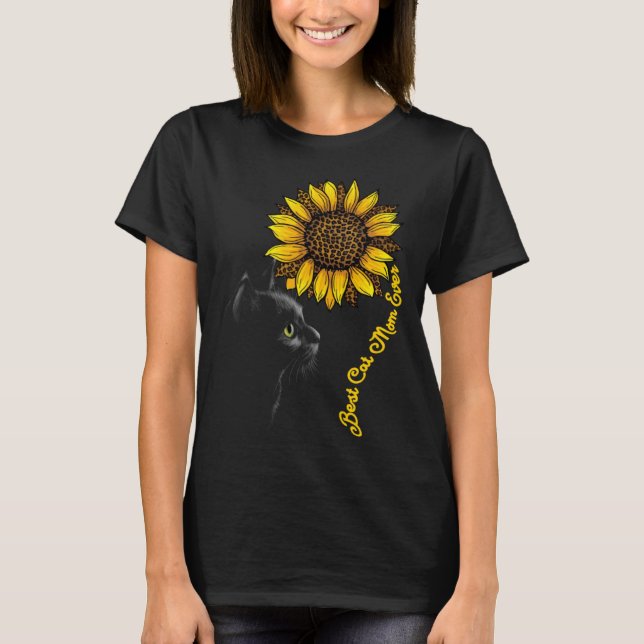 Camiseta Best Cat Mom Ever Sunflower Leopard  Black Cat Mot (Frente)