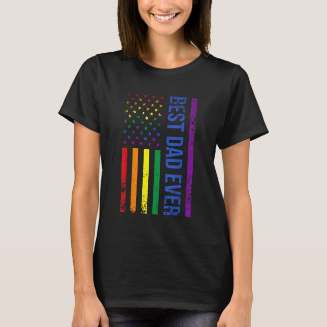 Camiseta Best Dad Ever Gay Pride Rainbow American Flag Fath (Frente)