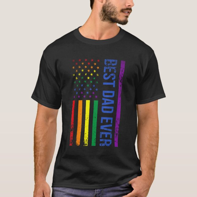 Camiseta Best Dad Ever Gay Pride Rainbow American Flag Fath (Frente)