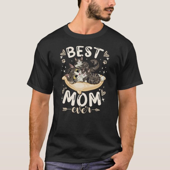 Camiseta Best Mom Ever, Mother Forest Cat with 2 Kittens Mo (Frente)