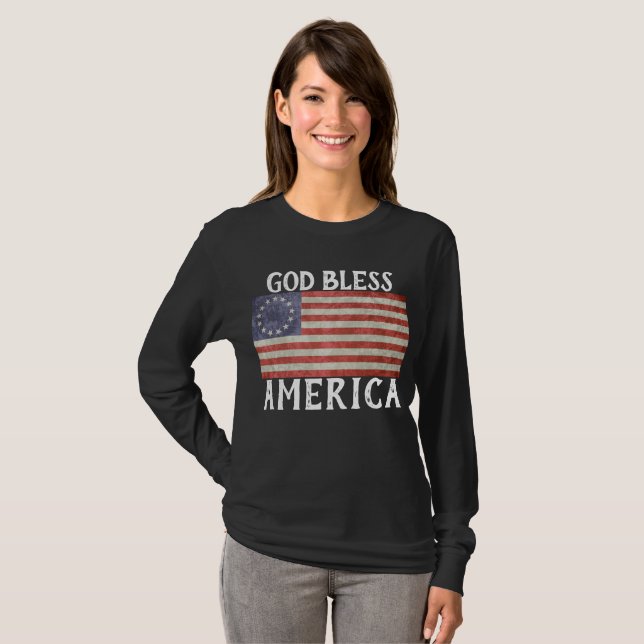 Camiseta Betsy Ross Flag deus abençoe América (Frente Completa)
