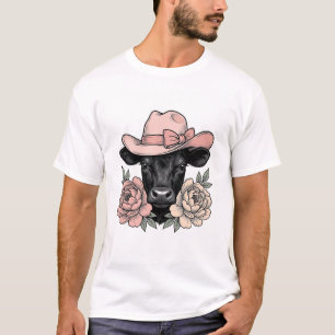 Camiseta Bezerro de Cowgirl Rosa com Peônias Vetor Vintage_