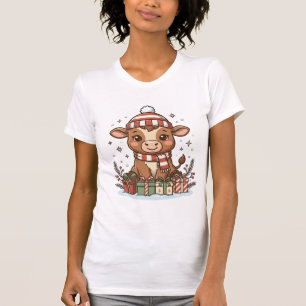 Camiseta Bezerro de Natal Fofo Com Presentes Vetor Vintage_