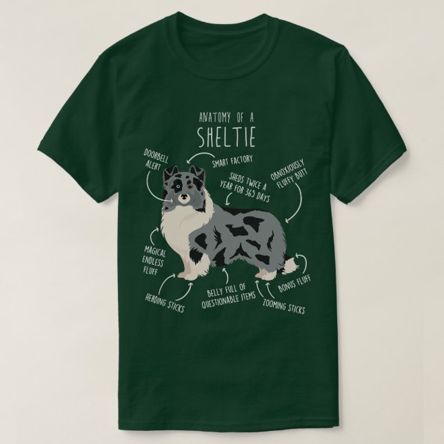 Camiseta Bi Blue Sheltie Shetland Sheepdog Anatomia (Frente do Design)