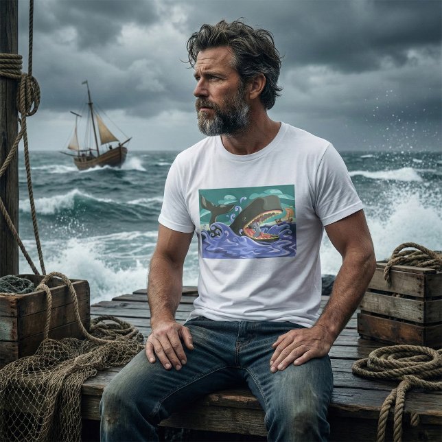 Camiseta Biblical Jonah e a Cena do Oceano Baleeiro (Criador carregado)