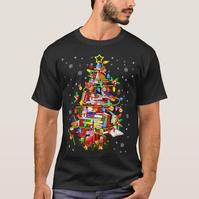 Camiseta Biblioteca de Árvore Xmas Lights Tree Book Lover L (Frente)