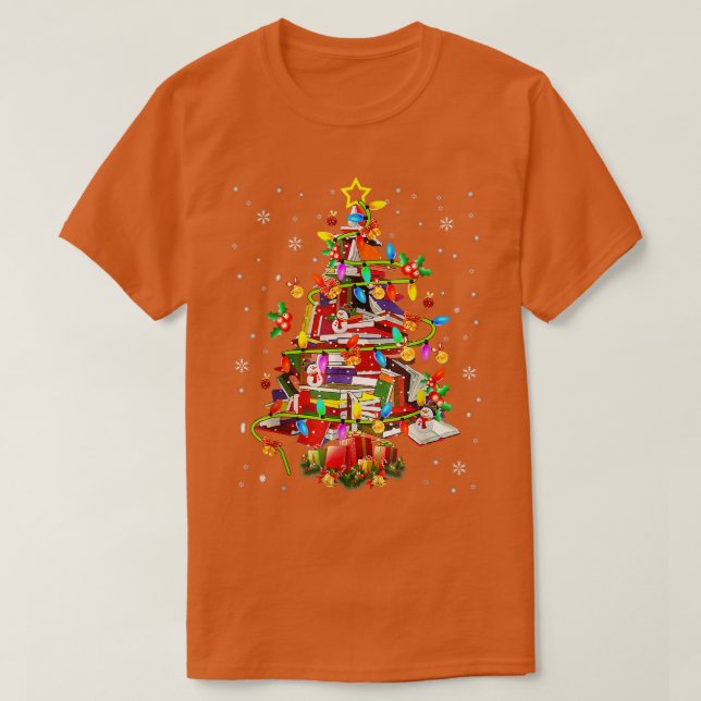 Camiseta Biblioteca de Árvore Xmas Lights Tree Book Lover L (Frente do Design)