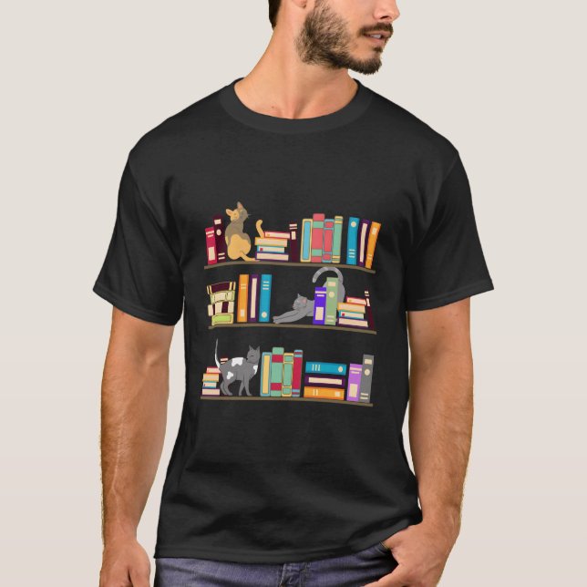 Camiseta Biblioteca Gatos Gatinhos Leitores Pet Shelf (Frente)