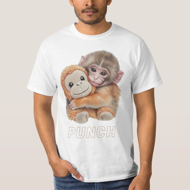 Camiseta Bicho de pelúcia abraçando macaco bebê Punch fofo (Frente)
