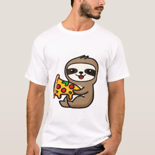 Camiseta Bicho-Preguiça Chibi Kawaii Engraçado com Pizza �