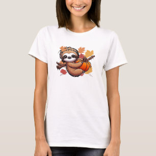 Camiseta Bicho-Preguiça de Desenho Animado Fofo com Abóbora