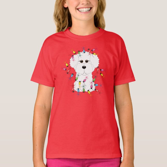 Camiseta Bichon Frise com luzes de Natal (Frente)