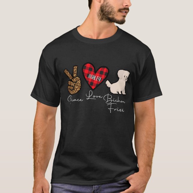 Camiseta Bichon Frisé Xadrez Peace Love Cog (Frente)