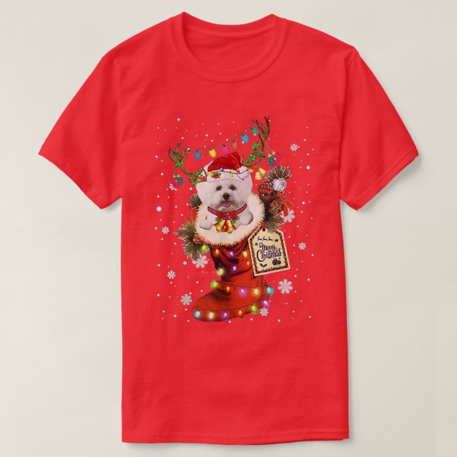 Camiseta Bichon Frise Xmas Boot Natal Sock Inverno (Frente do Design)