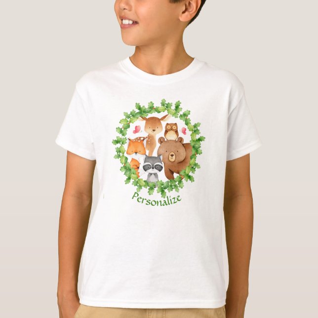 Camiseta Bichos de Floresta Bear Raccoon Squirrel Aniversár (Frente)