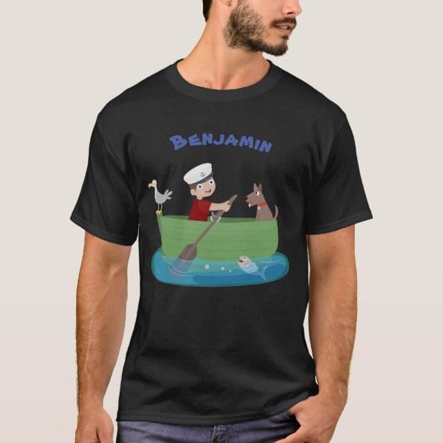 Camiseta Bicicleta de barco a remos, menino e cão bonito (Frente)