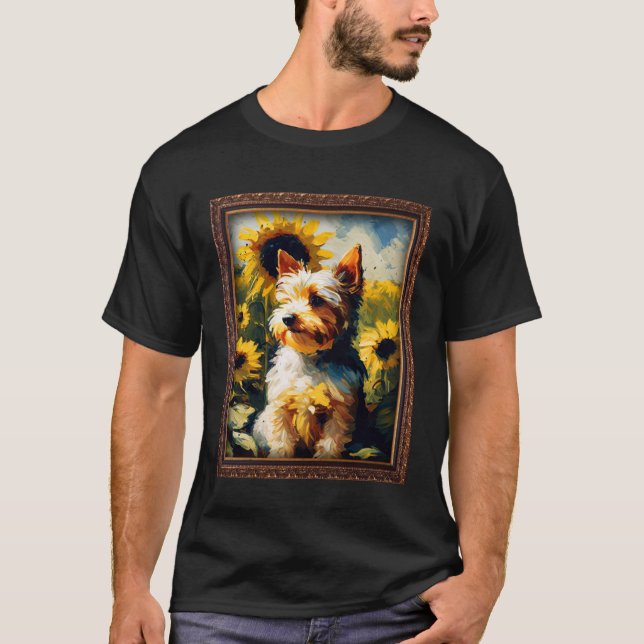 Camiseta Biewer Terrier Pintando Flor de Girassol Mulheres (Frente)
