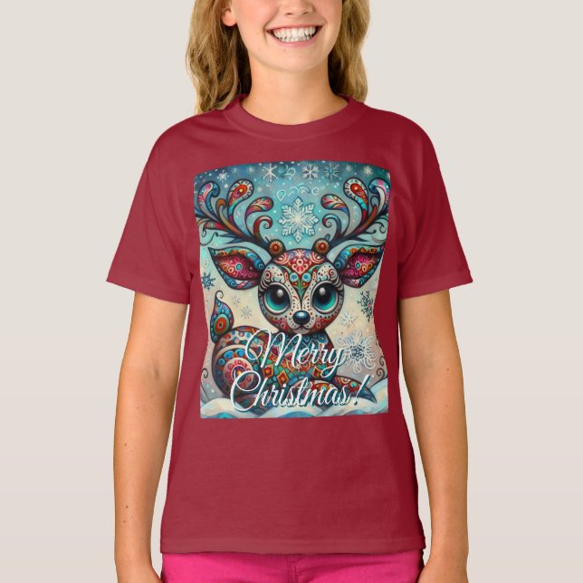 Camiseta Big Eye Christmas Reindeer Folk Art Personalized (Frente)
