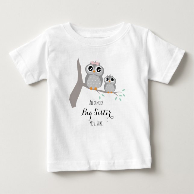 Camiseta Big sister cute owls name and date (Frente)