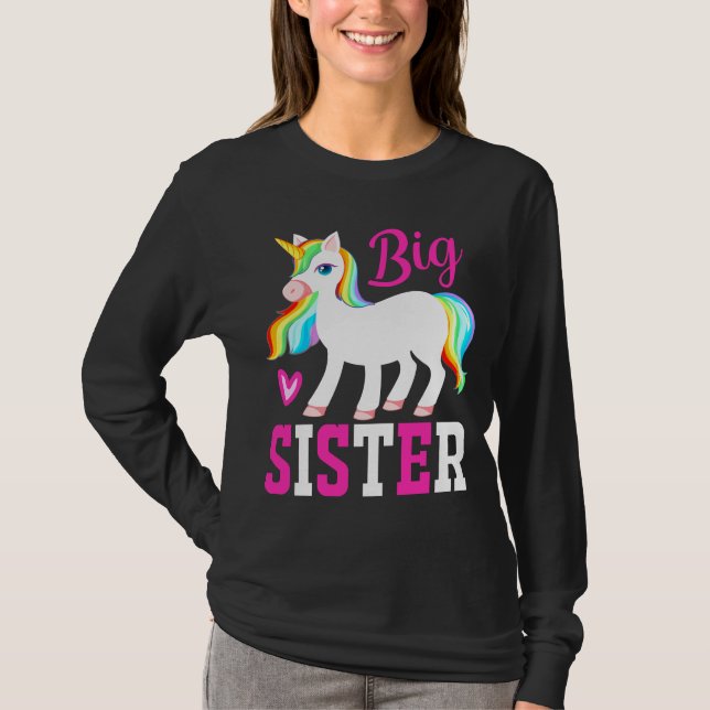Camiseta Big Sister Magical Unicorn com Rainbow Mane & Tail (Frente)