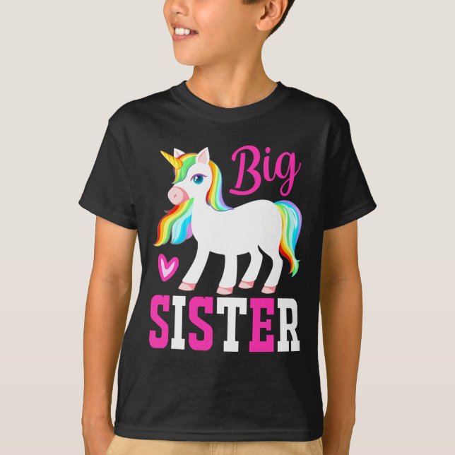 Camiseta Big Sister Magical Unicorn com Rainbow Mane & Tail (Frente)