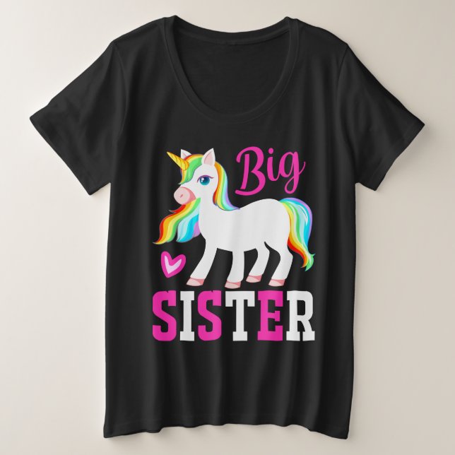 Camiseta Big Sister Magical Unicorn com Rainbow Mane & Tail (Frente do Design)
