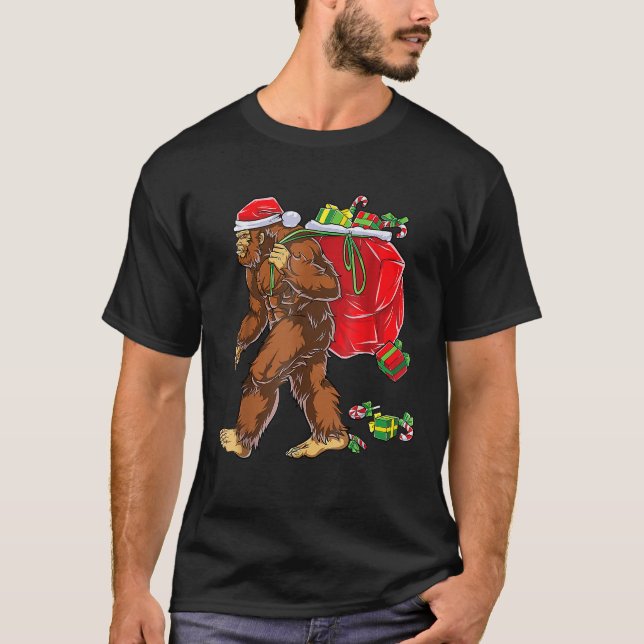 Camiseta Bigfoot Papai noel Árvore de Natal Luz Engraçada X (Frente)