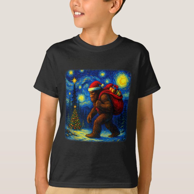 Camiseta Bigfoot Santa Christmas Starry Night Sasquatch Van (Frente)