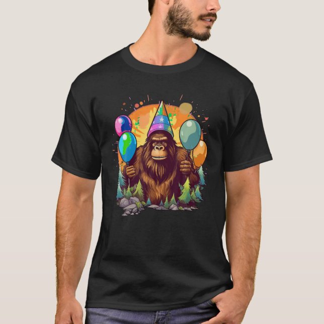 Camiseta Bigfoot Sasquatch Birthday Hat Balões Estético (Frente)