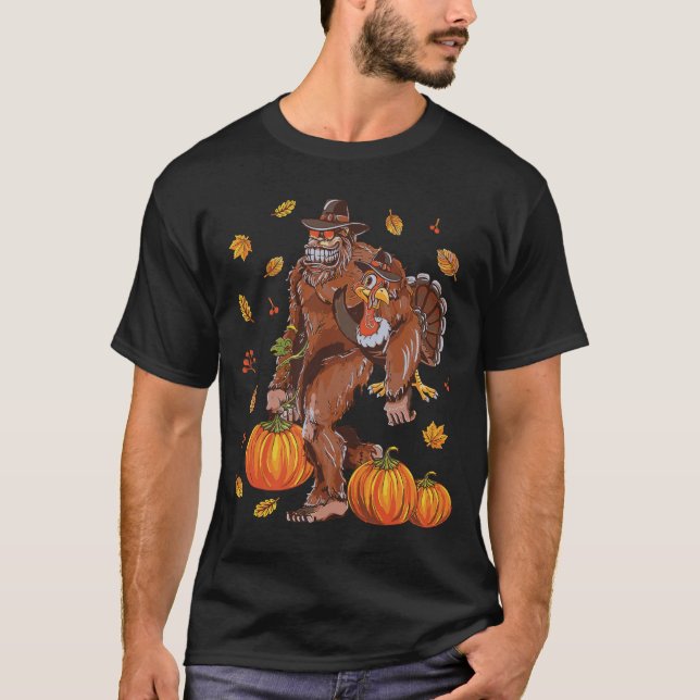 Camiseta Bigfoot Sasquatch Turkey Pumpkin Feliz Graças (Frente)