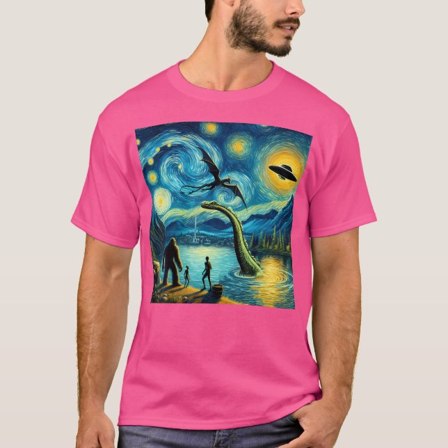 Camiseta Bigfoot Starry Night Loch Ness Alienígena Ufo Drag (Frente)