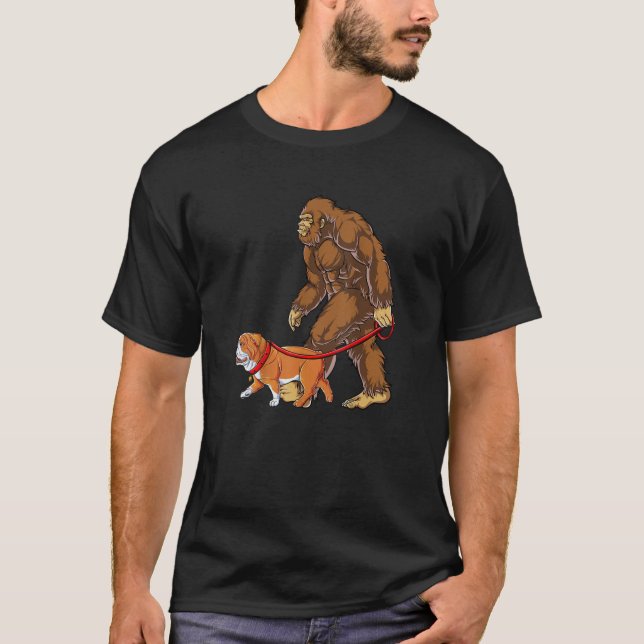 Camiseta Bigfoot Walking French Bulldog Funny Sasquatch Gif (Frente)