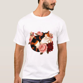 Camiseta Bigodes Dourados: Gato Calico em Devaneio de Rosa