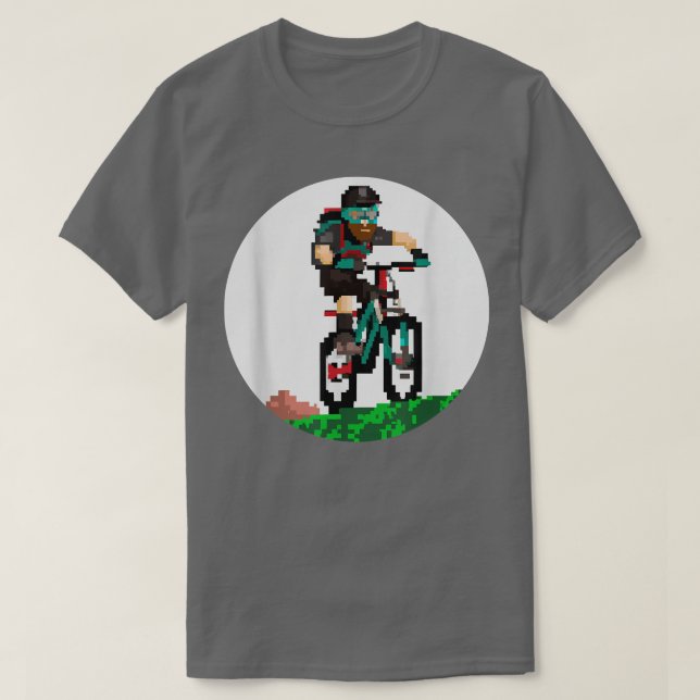 Camiseta Biker Mountainbiker Pixel Art Estilo de Jogos Retr (Frente do Design)