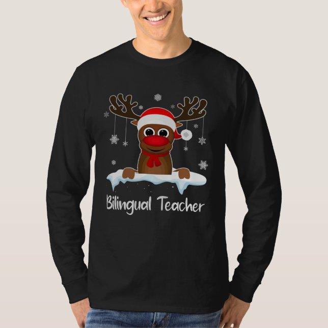 Camiseta Bilingual Teacher Squad Reindeer Santa Hat Christm (Frente)