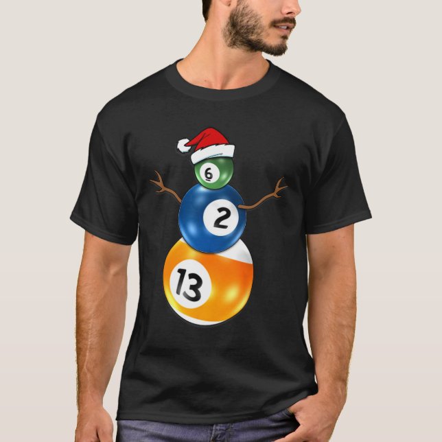 Camiseta Billiard Christmas Snowman com Mesa de Piscina (Frente)