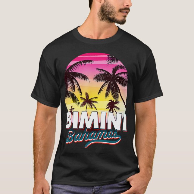 Camiseta Bimini Bahamas Palm Tree Beach Vacinação de verão  (Frente)