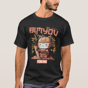 Camiseta Bimyou Samurai Cat Graphic com Cherry Blossom Tre