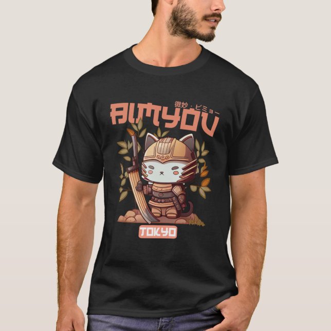 Camiseta Bimyou Samurai Cat Graphic com Cherry Blossom Tre (Frente)