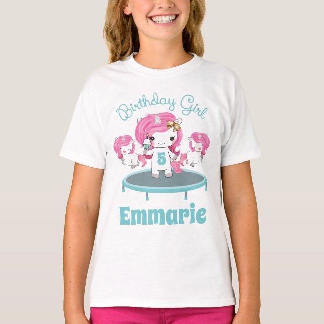 Camiseta Birdday Girl Shirt Unicorn Trampoline Party (Frente)