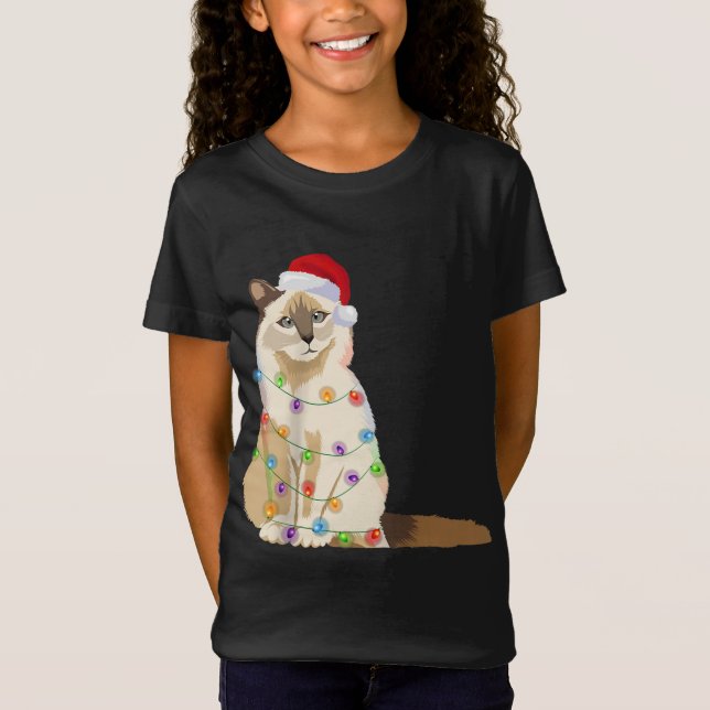 Camiseta Birman Cat Christmas Lights Xmas Cat Lover Papais  (Frente)