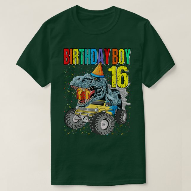 Camiseta Birthday Boy 16 Monster Truck Dinosaur 16th Birthd (Frente do Design)